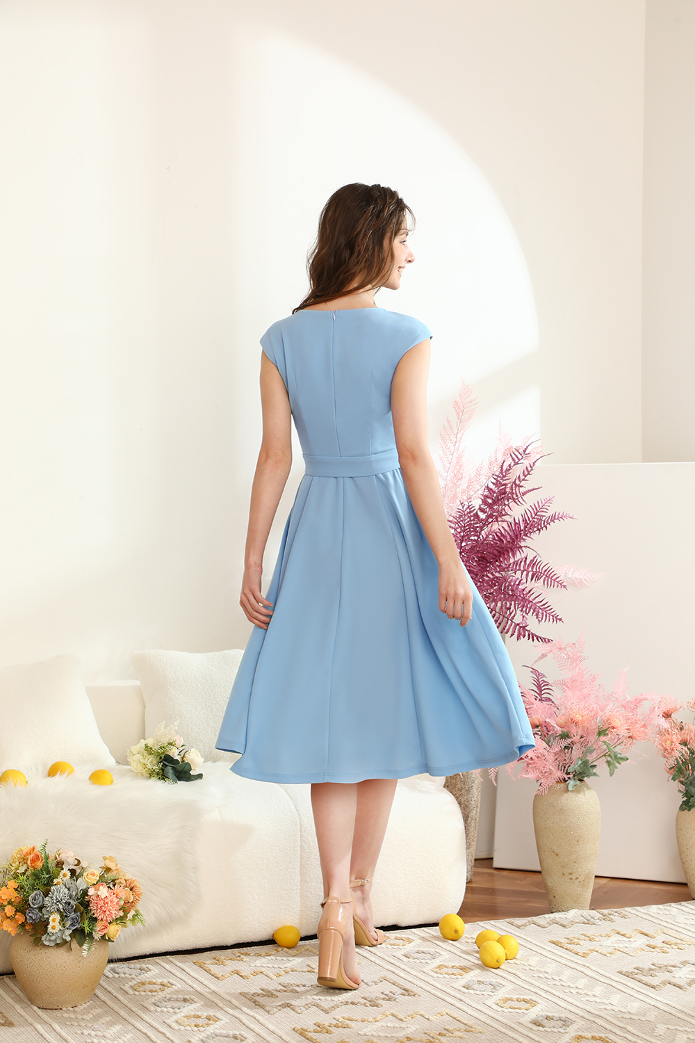 A-Line Knee-Length Blue Cocktail Dress with Cap Sleeves, Vintage Style, Unique and Elegant