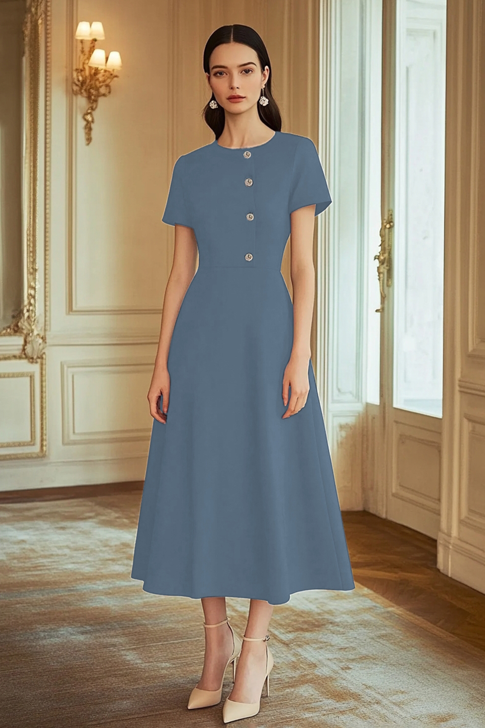 Navy A Line Satin Mid-Calf Work Dress with Sleeves