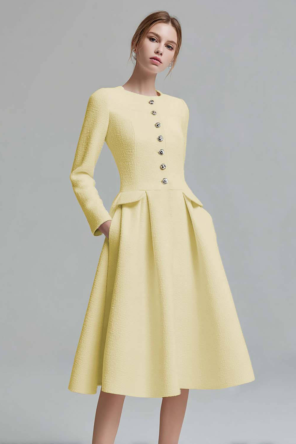 Ivory Tweed A Line Long Sleeves Pageant Interview Dress with Pockets