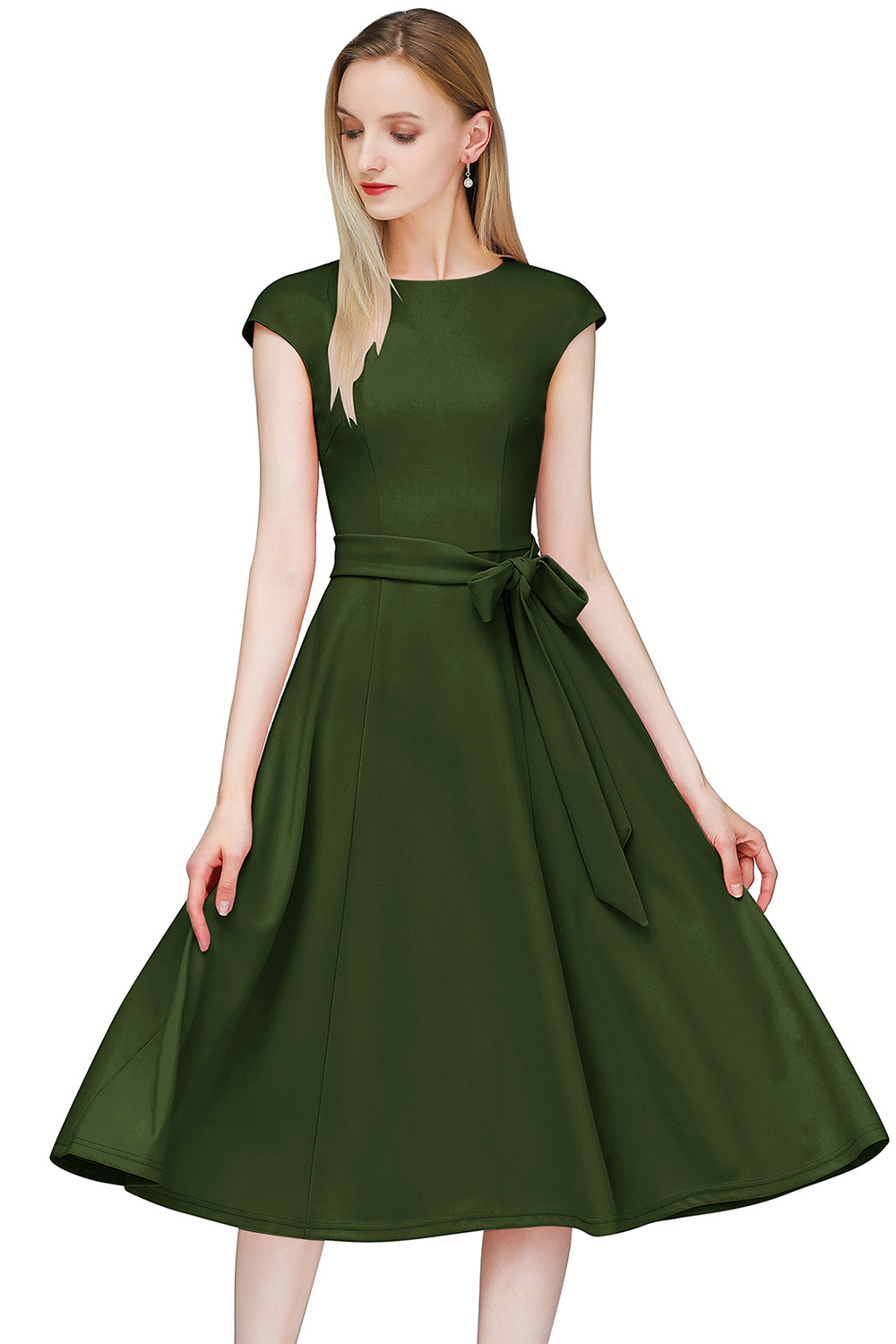 A-Line Knee-Length Armygreen Cocktail Dress with Cap Sleeves, Vintage Style, Unique and Elegant