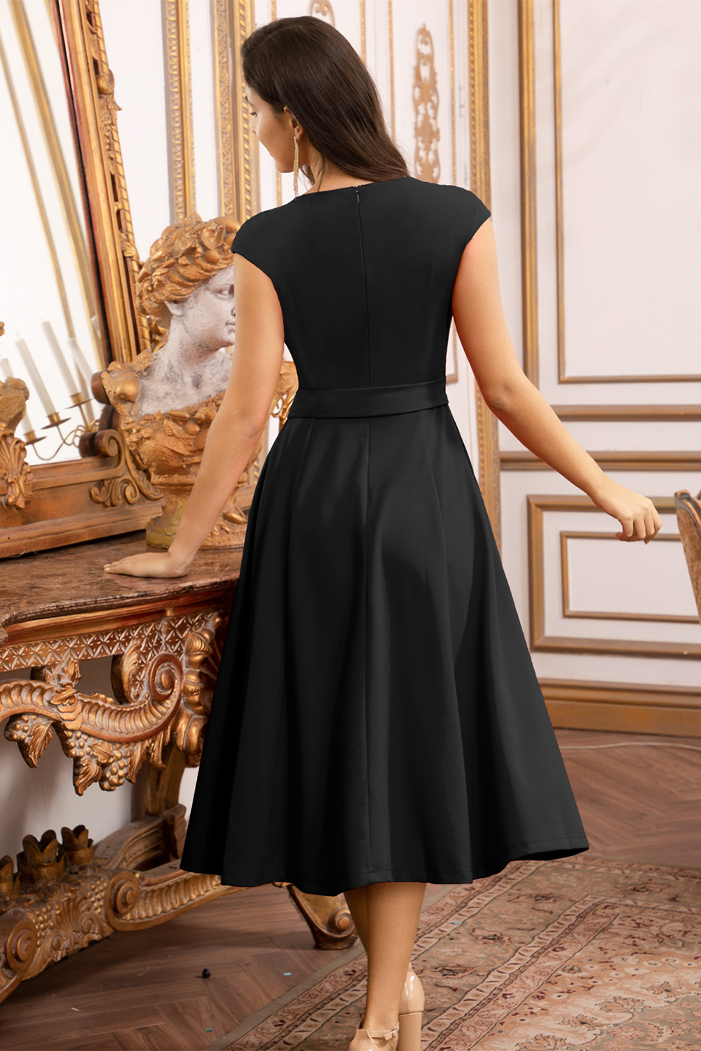 A-Line Knee-Length Black Cocktail Dress with Cap Sleeves, Vintage Style, Unique and Elegant