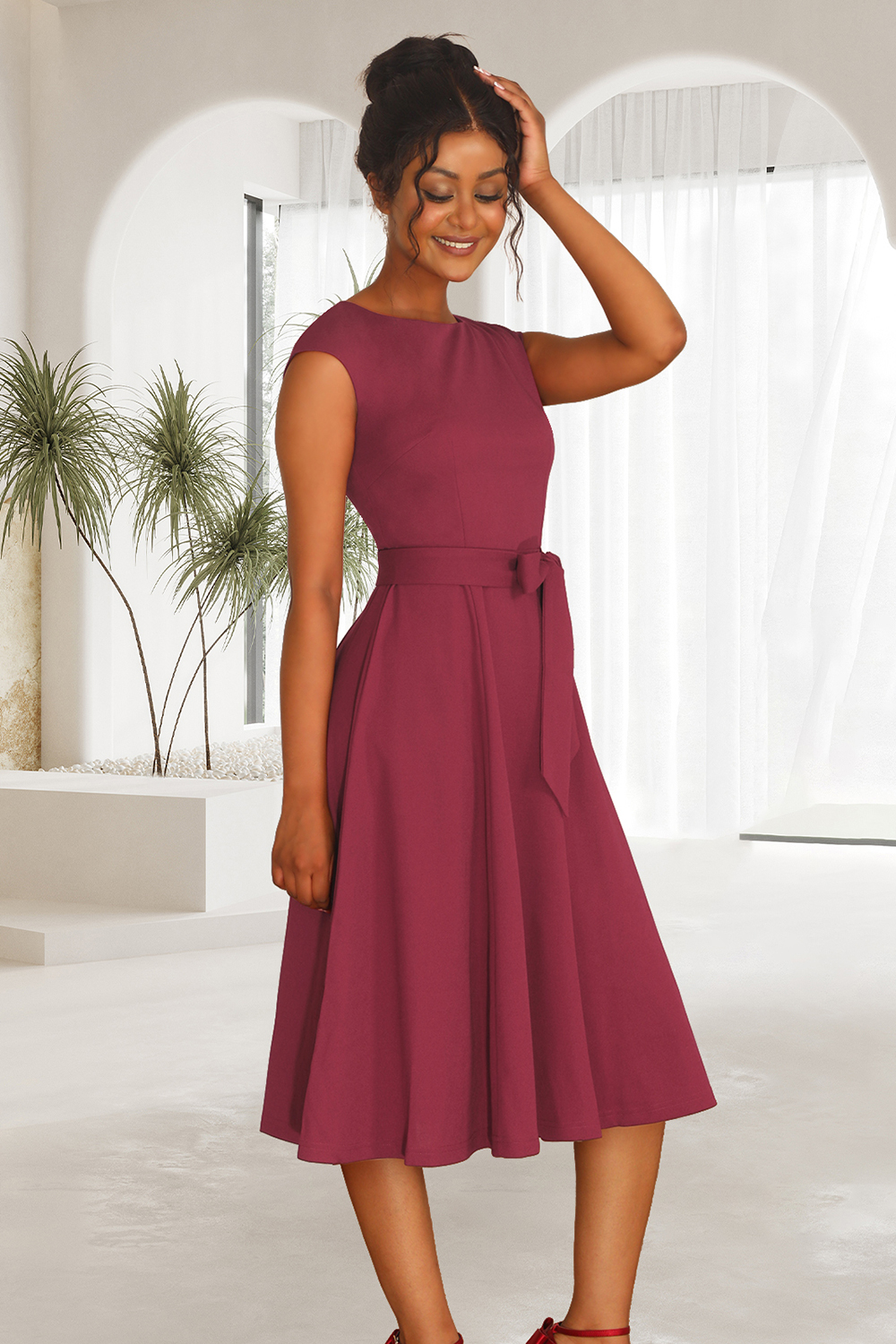 A-Line Knee-Length Raspberry Cocktail Dress with Cap Sleeves, Vintage Style, Unique and Elegant