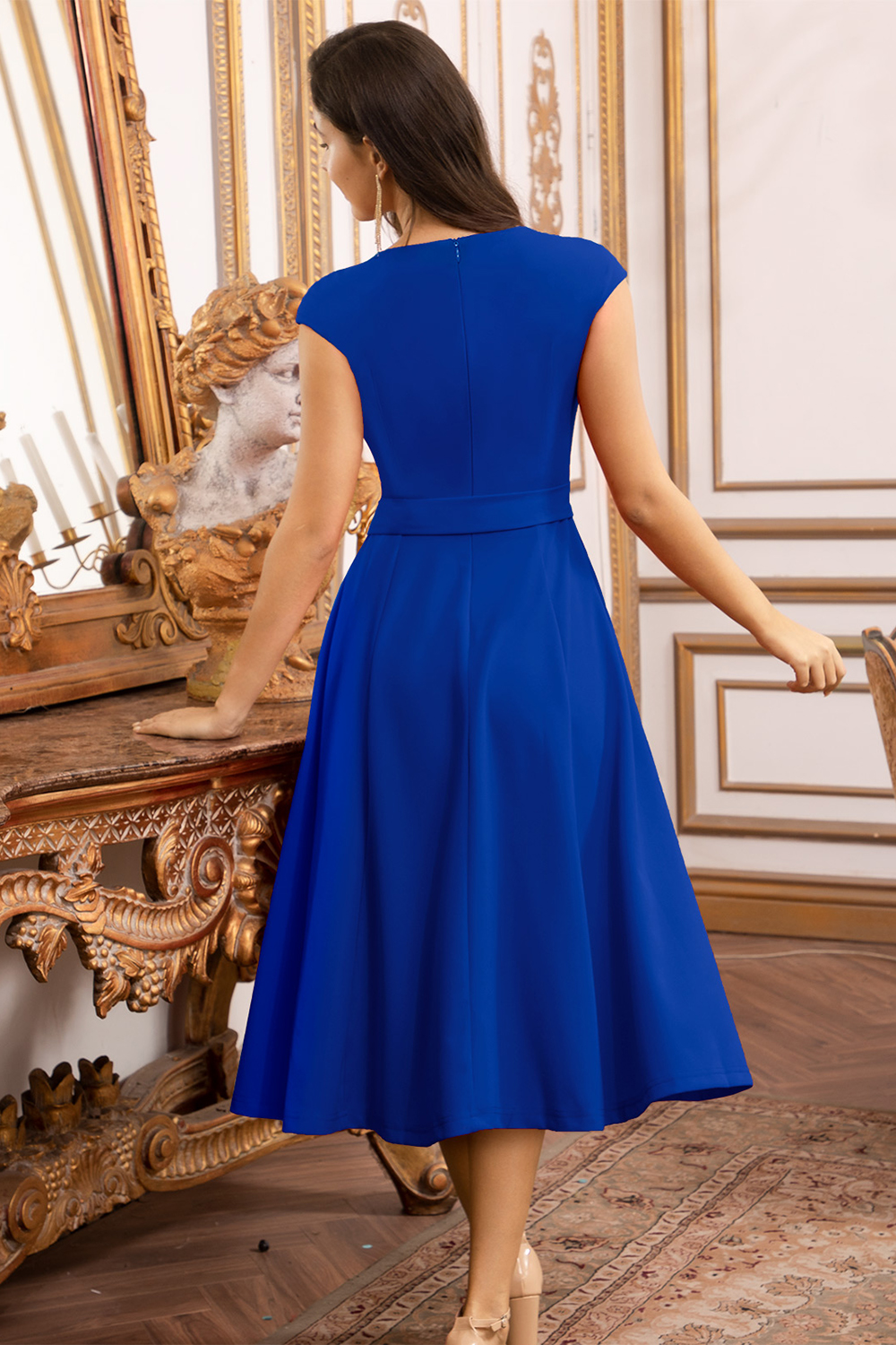 A-Line Knee-Length Royalblue Cocktail Dress with Cap Sleeves, Vintage Style, Unique and Elegant