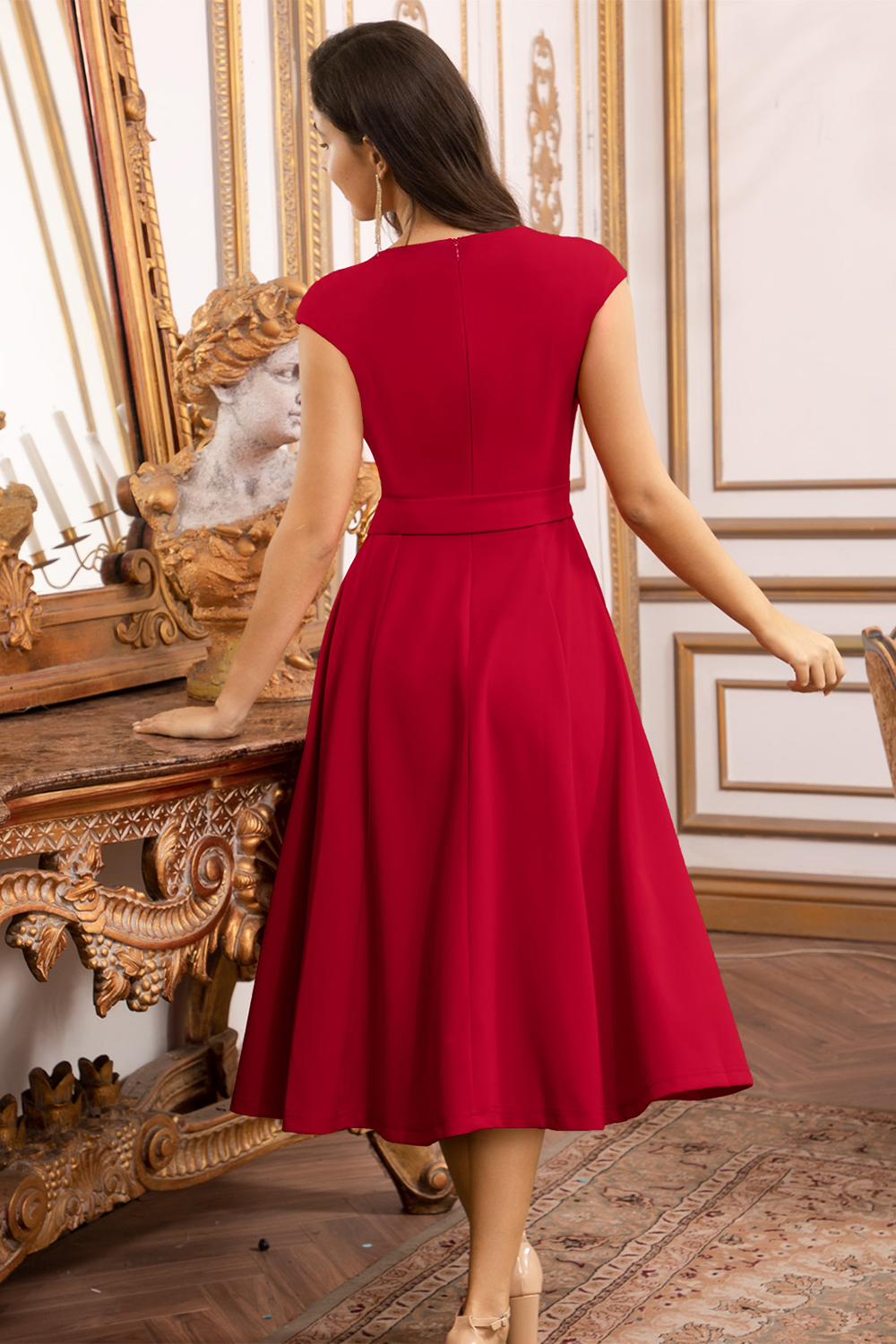 A-Line Knee-Length Red Cocktail Dress with Cap Sleeves, Vintage Style, Unique and Elegant
