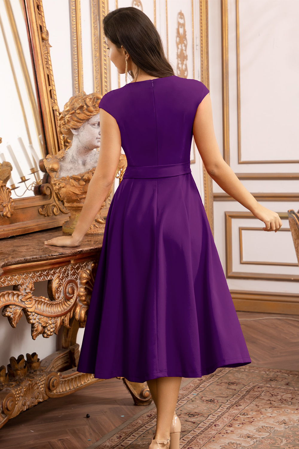 A-Line Knee-Length Grape Cocktail Dress with Cap Sleeves, Vintage Style, Unique and Elegant