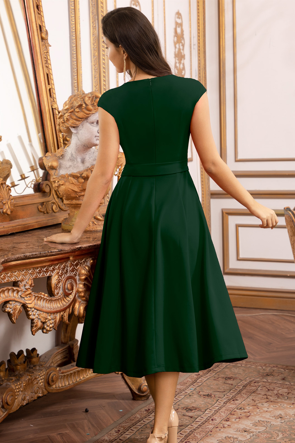 A-Line Knee-Length Darkgreen Cocktail Dress with Cap Sleeves, Vintage Style, Unique and Elegant