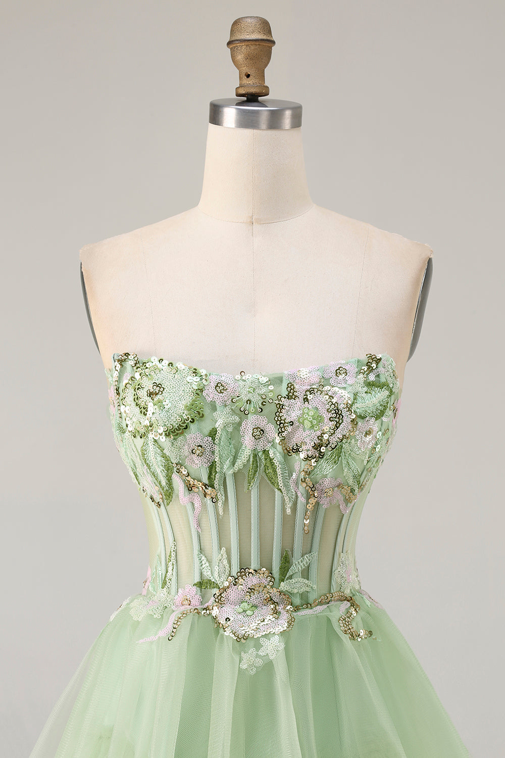 Sparkly Floral Green Beaded Corset Long Prom Dress with Ruffles