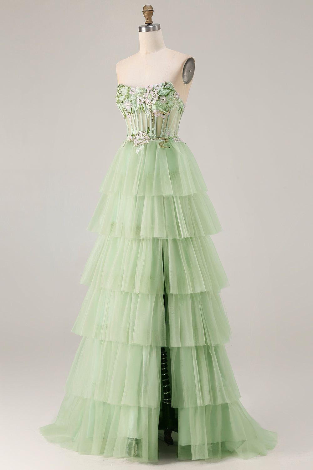 Sparkly Floral Green Beaded Corset Long Prom Dress with Ruffles
