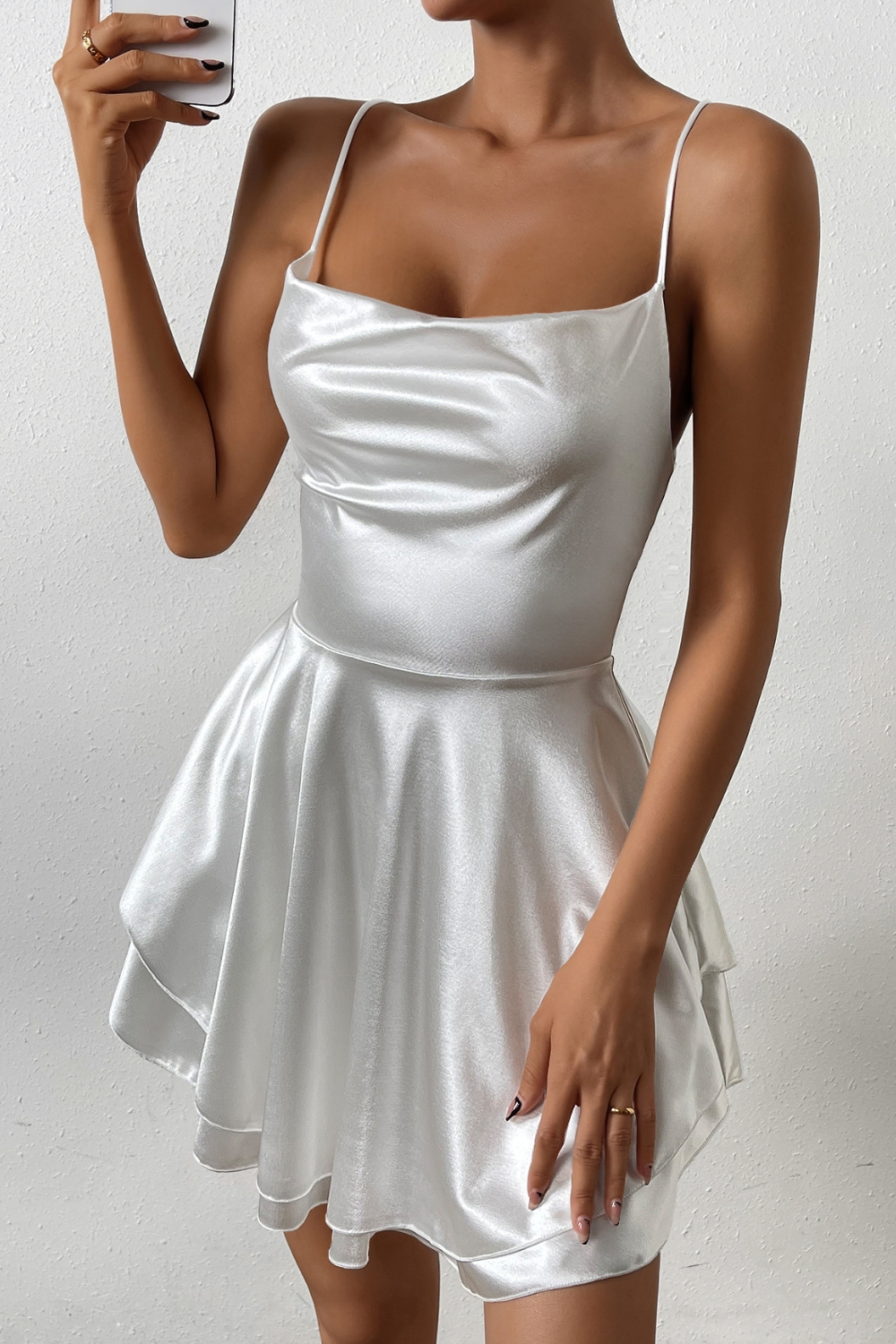 Cute White A Line Spaghetti Straps Lace-Up Back Short Graduation Dress