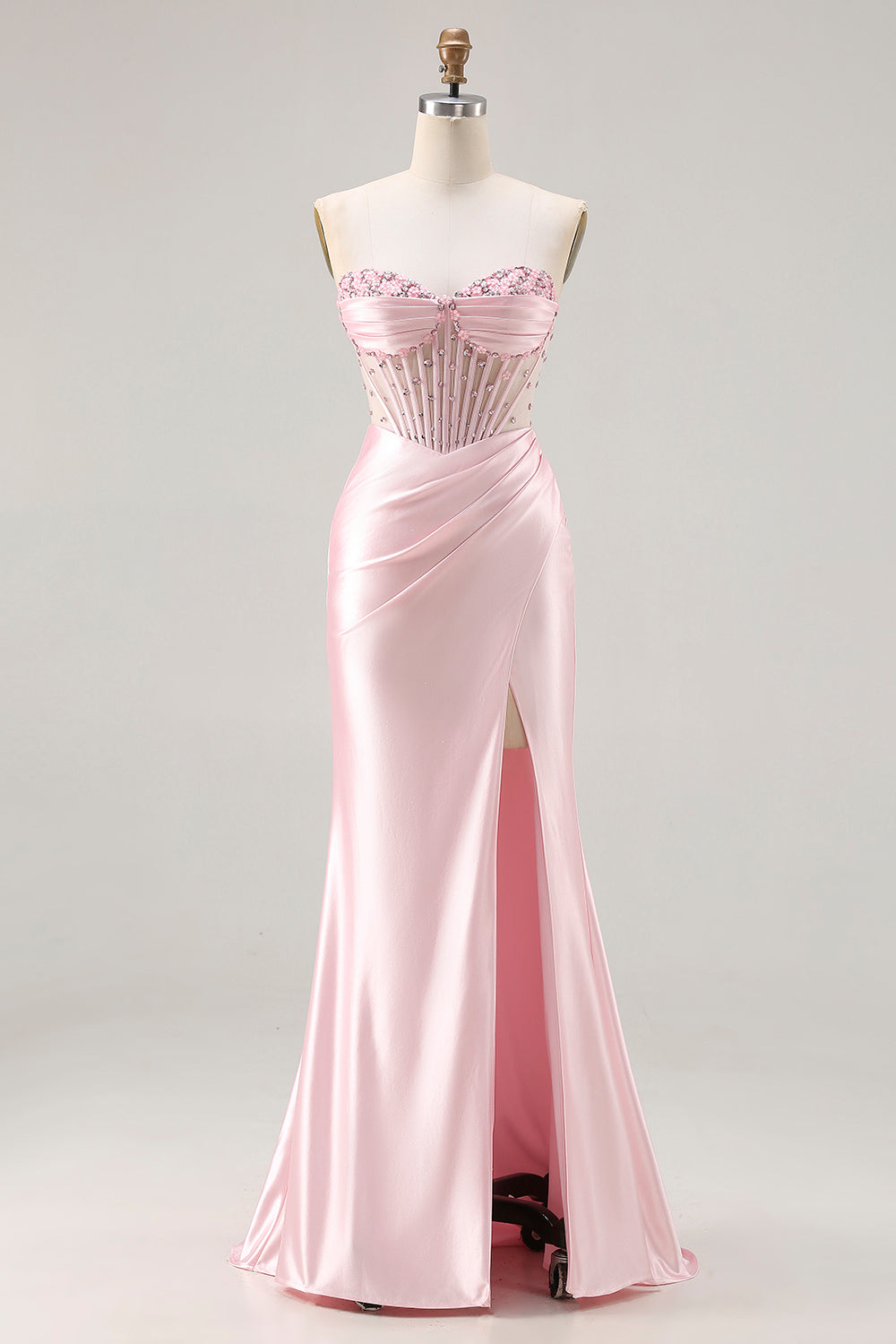 Sparkly Pink Satin Strapless Ruched Mermaid Long Corset Prom Dress with Slit