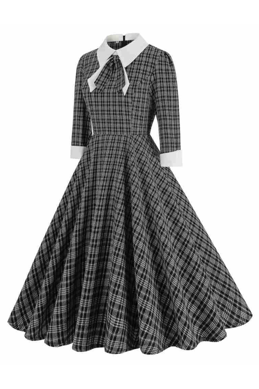 Vintage Elegant Black Grid A Line 1950s Swing Dress