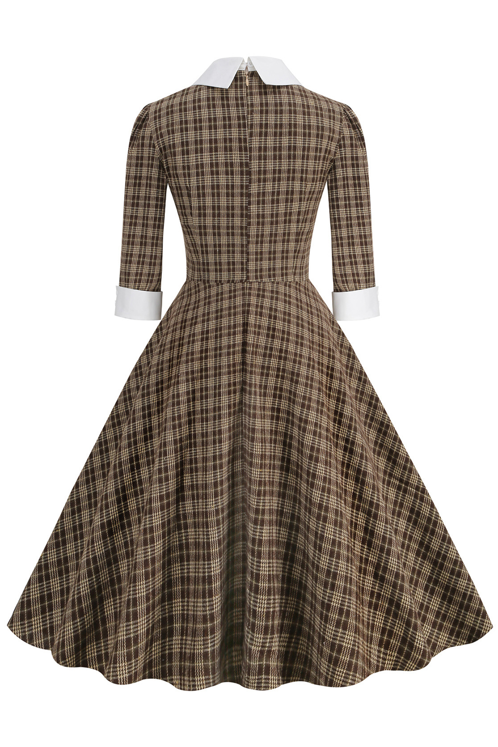 Vintage Elegant Coffee Grid A Line 1950s Swing Dress