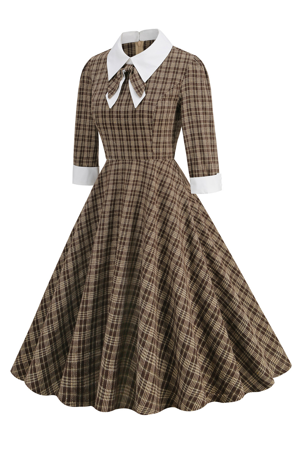 Vintage Elegant Coffee Grid A Line 1950s Swing Dress