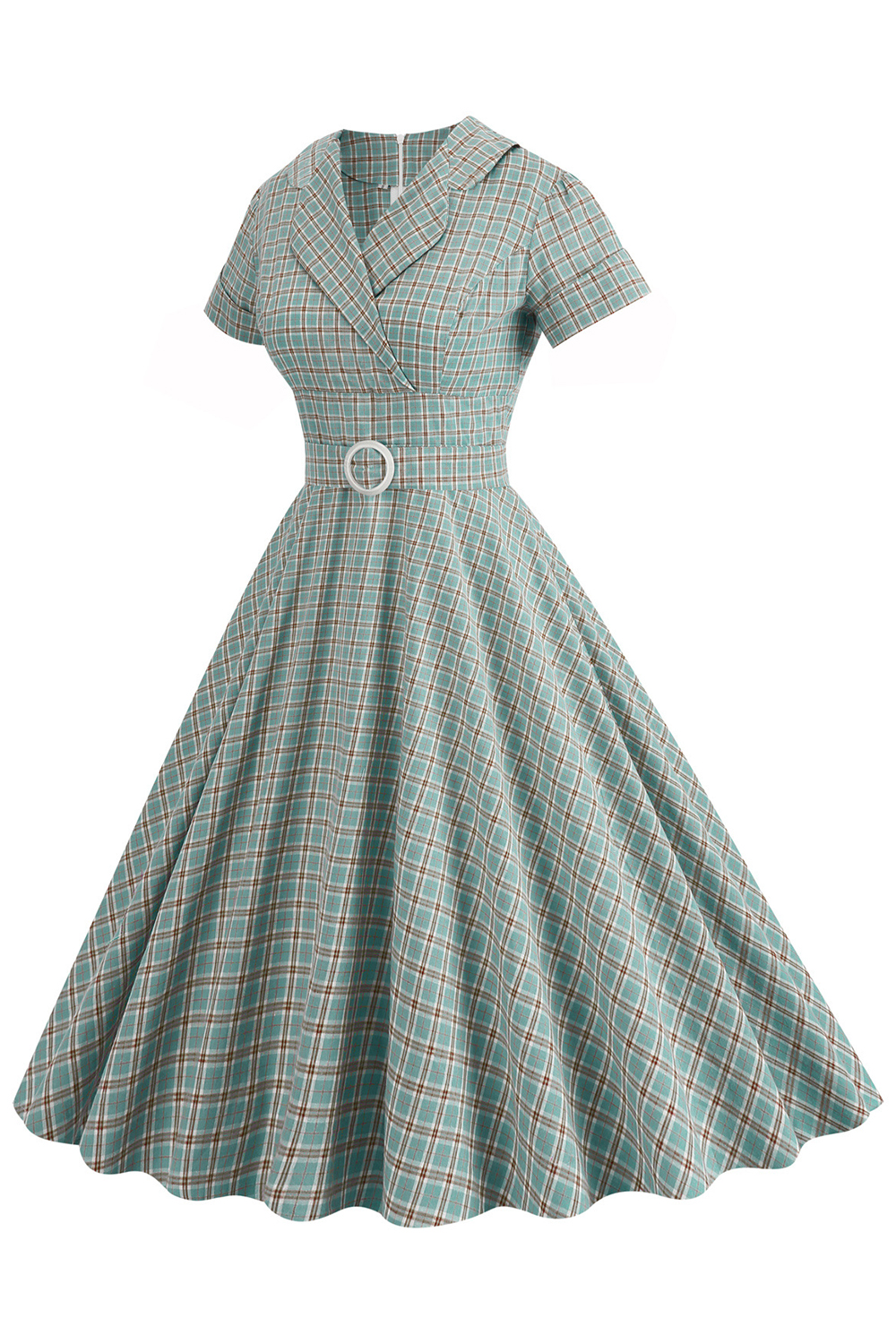 Vintage Elegant Green Grid A Line 1950s Swing Dress with Belt