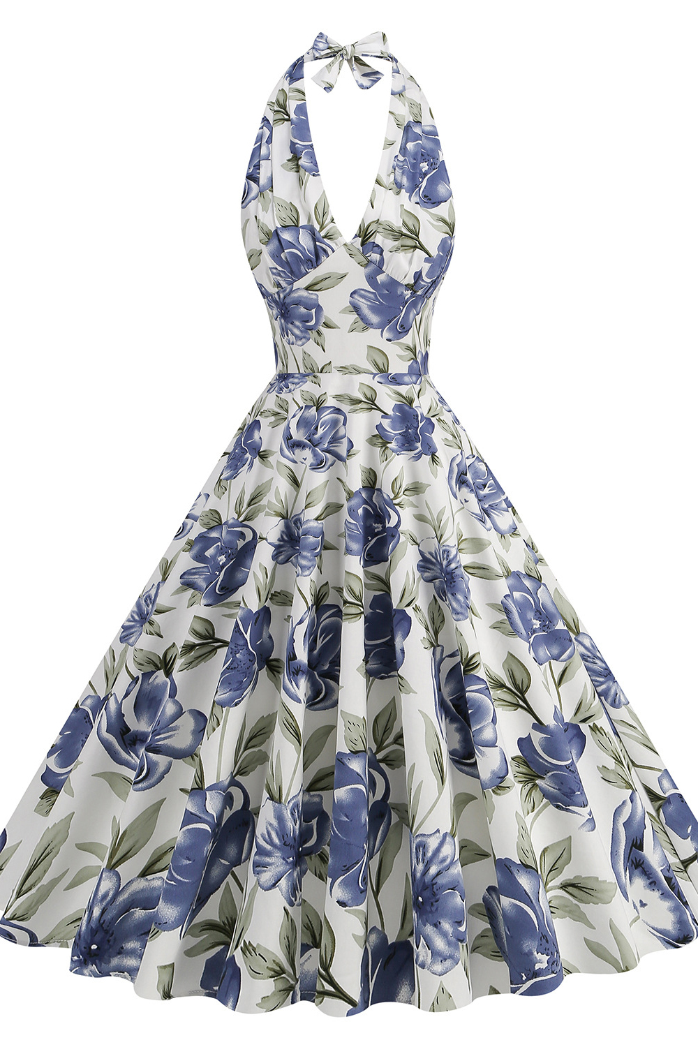 Dresstells Women Elegant White Blue Flower Halter A Line 1950s Swing Dress