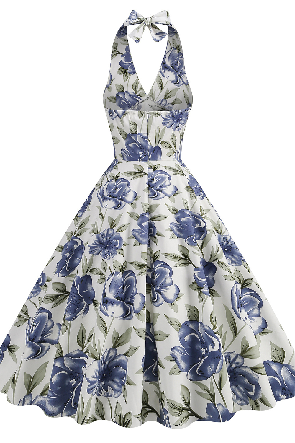 Elegant White Blue Flower Halter A Line 1950s Swing Dress