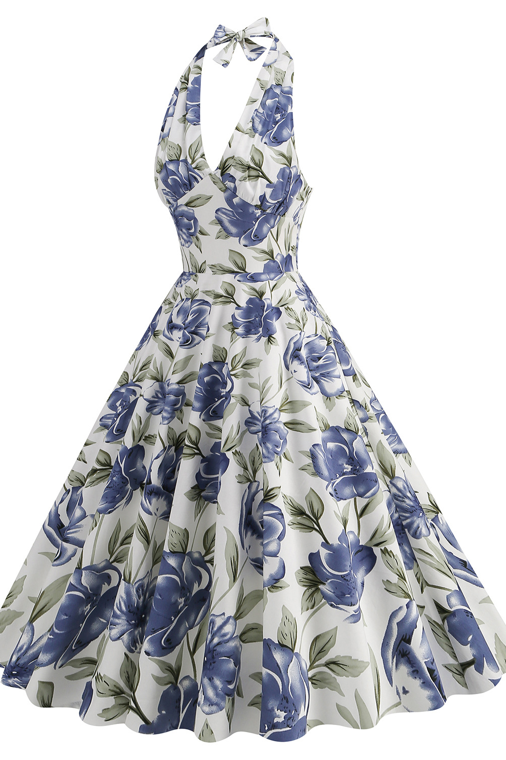 Elegant White Blue Flower Halter A Line 1950s Swing Dress