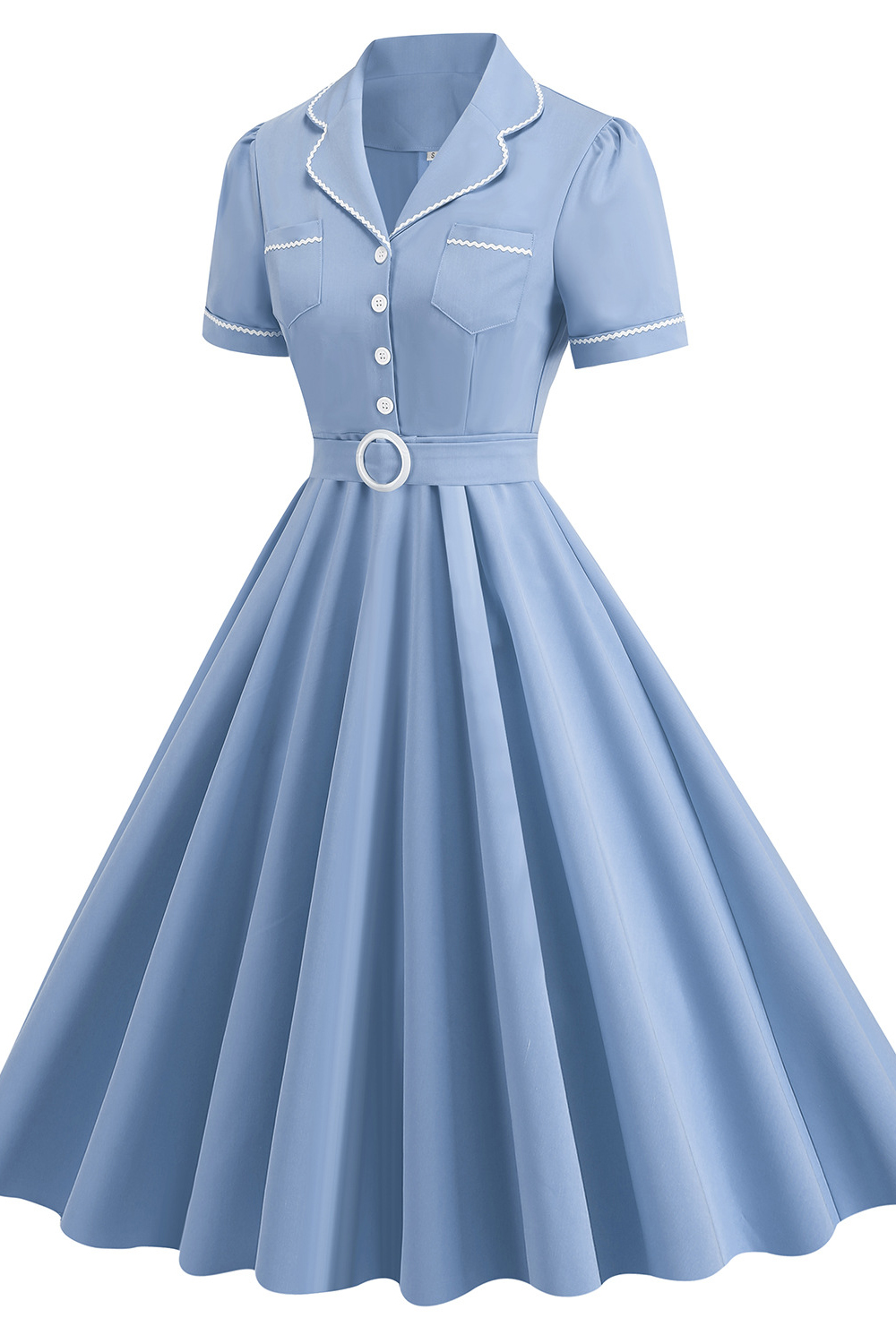 Vintage Elegant Blue A Line 1950s Swing Dress with Belt