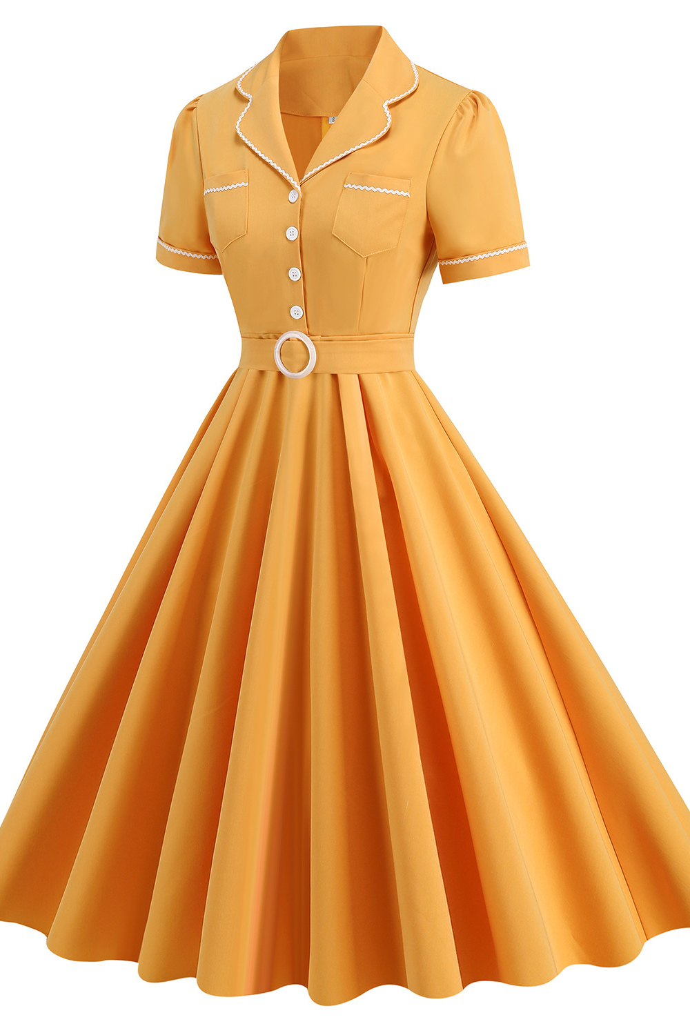 Vintage Elegant Yellow A Line 1950s Swing Dress with Belt