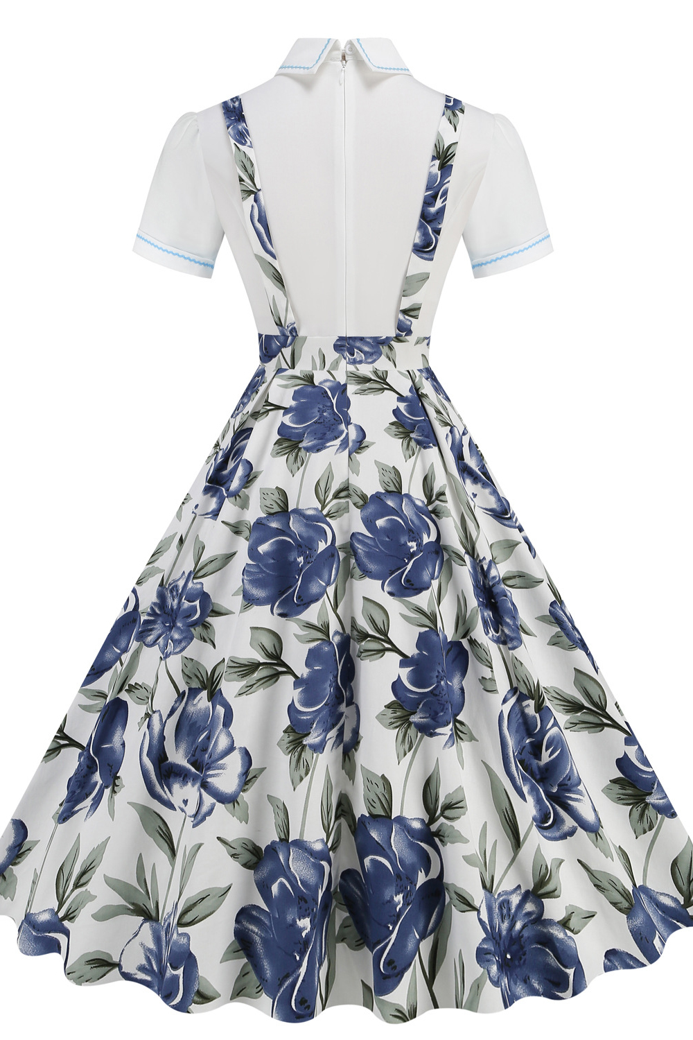 Vintage Blue Flower 1950s A-Line Swing Dress with Suspenders