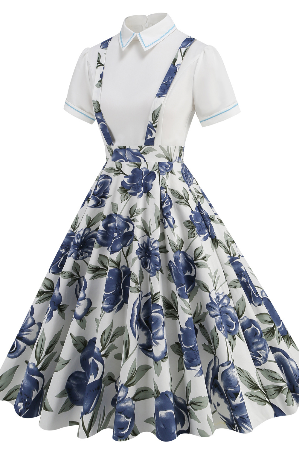 Vintage Blue Flower 1950s A-Line Swing Dress with Suspenders