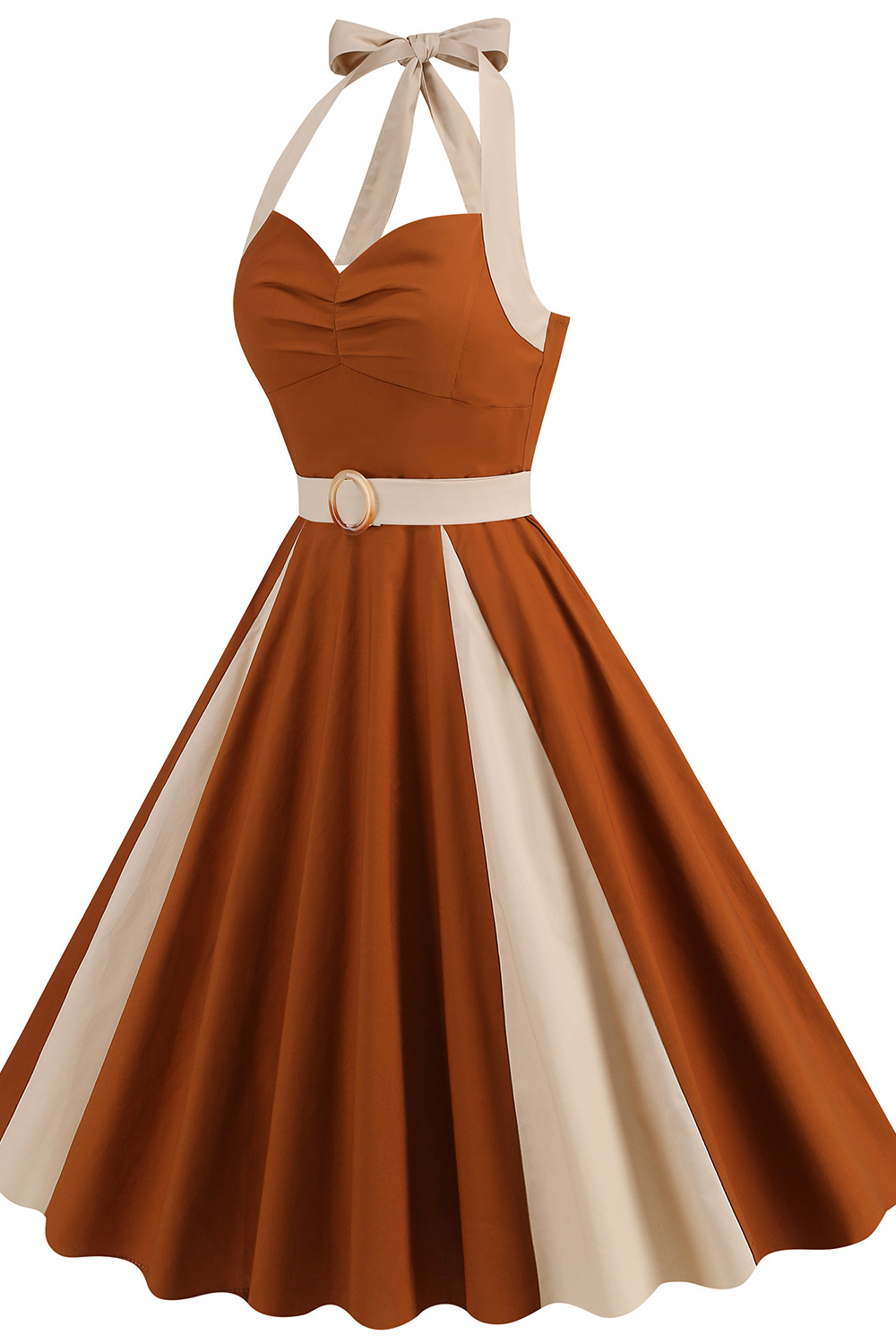 Vintage Brown 1950s A-Line Swing Dress with Halter Neckline