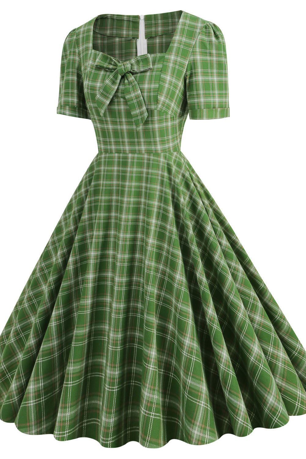 Retro Green 1950s A-Line Swing Dress | Square Neckline & Bow Detail