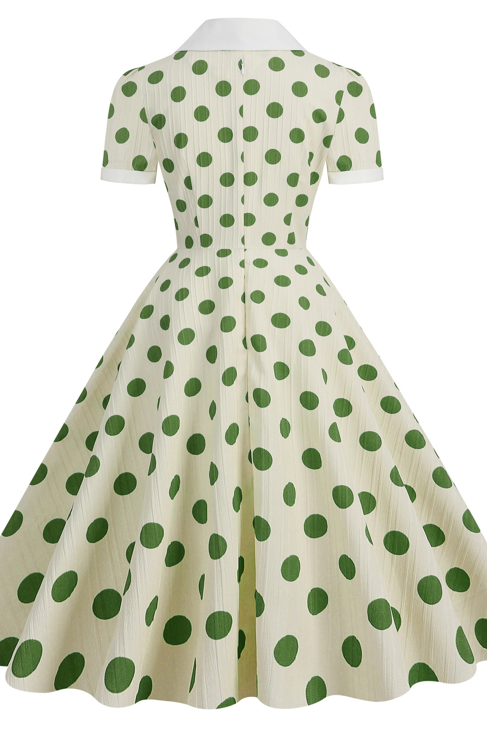 Darling White 1950s A-Line Swing Dress | Green Polka Dot Lapel