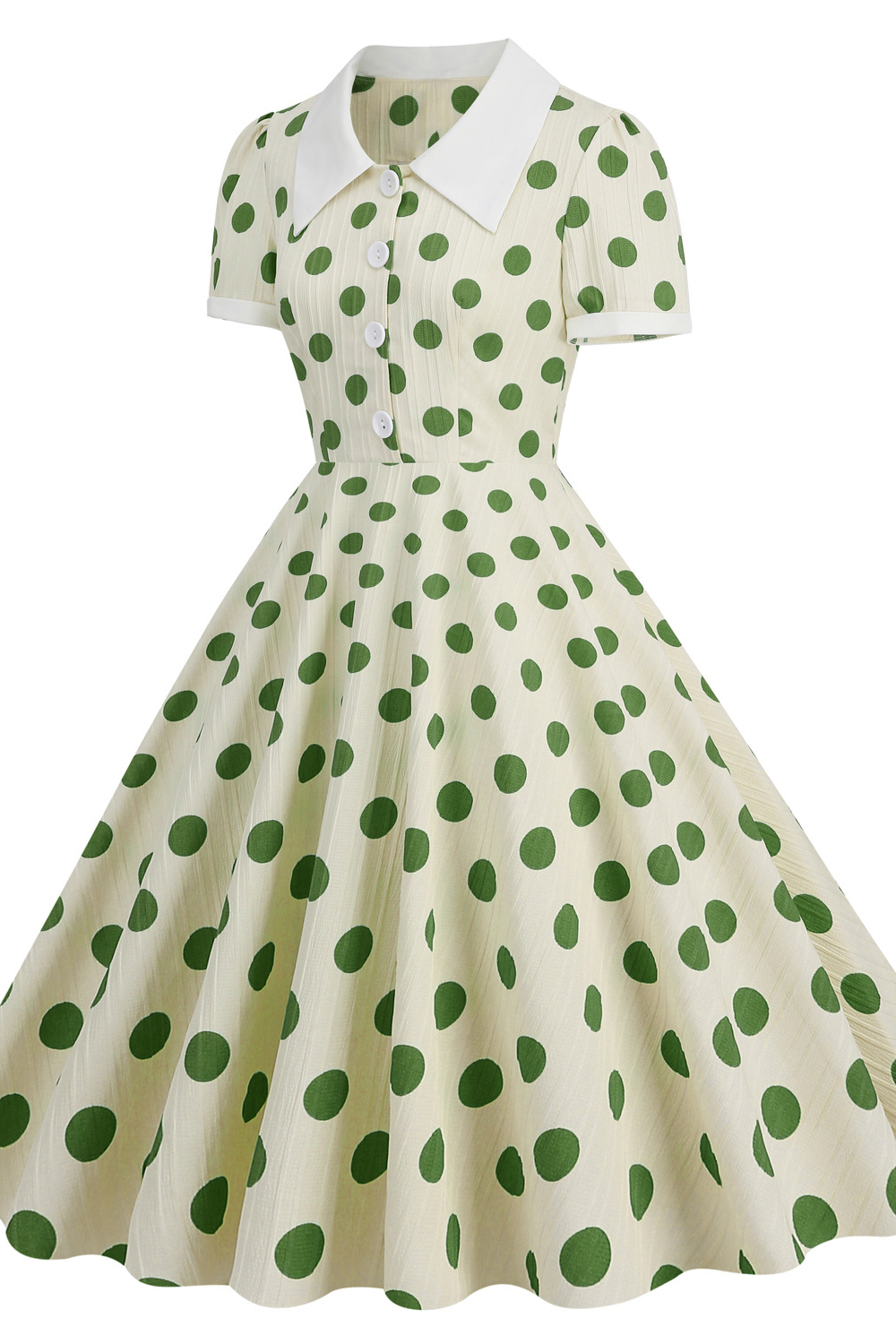 Darling White 1950s A-Line Swing Dress | Green Polka Dot Lapel