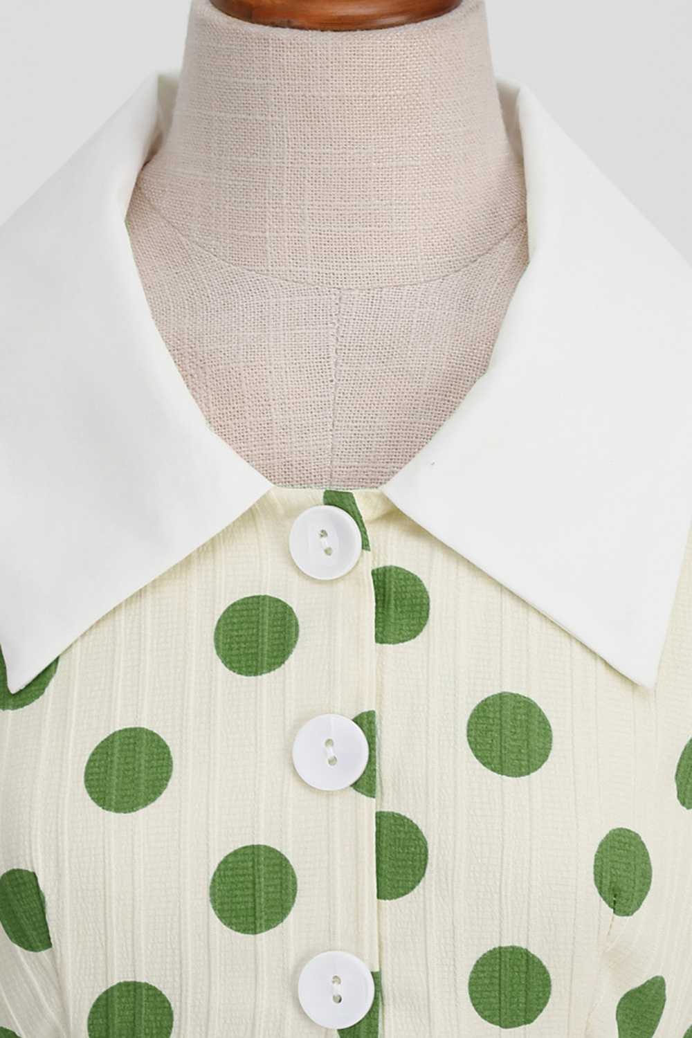 Darling White 1950s A-Line Swing Dress | Green Polka Dot Lapel