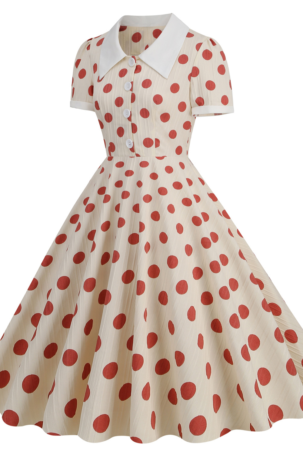 Darling White 1950s A-Line Swing Dress | Red Polka Dot Lapel
