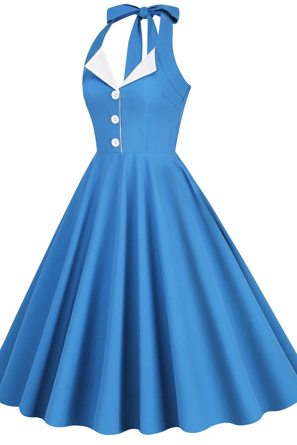 Vintage Blue 1950s A-Line Swing Dress | Flirty Halter Neckline & Lapel