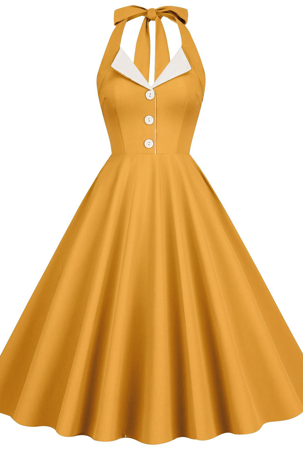 Dresstells Women Vintage Yellow 1950s A Line Swing Dress Flirty Halter Neckline Lapel