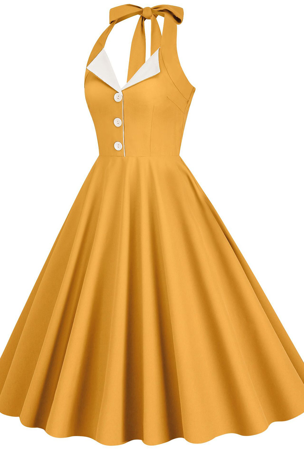 Vintage Yellow 1950s A-Line Swing Dress | Flirty Halter Neckline & Lapel