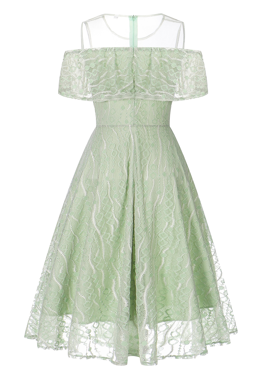Vintage Green A-Line Lace Dress | Ruffle Shoulder Trim