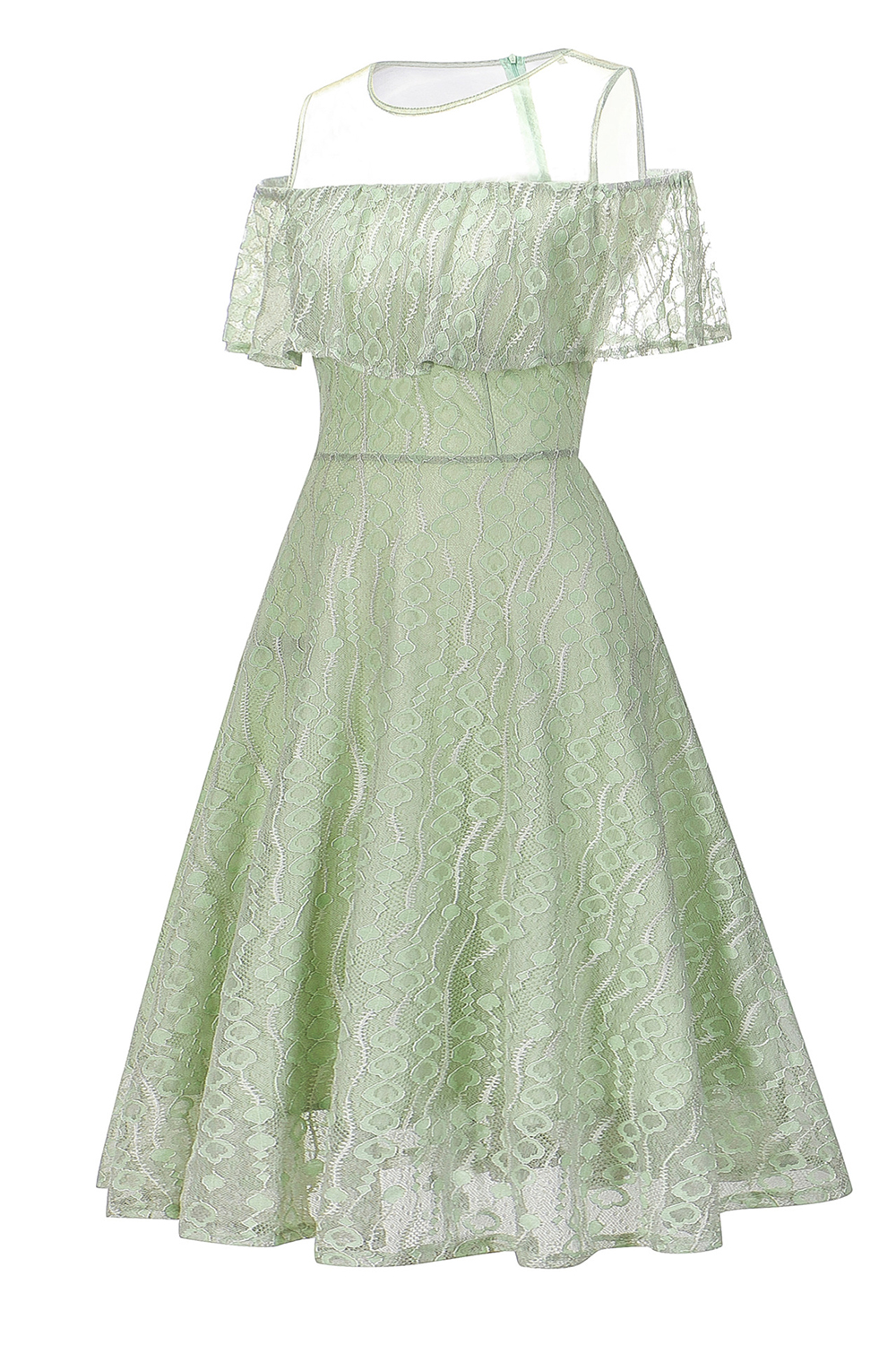 Vintage Green A-Line Lace Dress | Ruffle Shoulder Trim