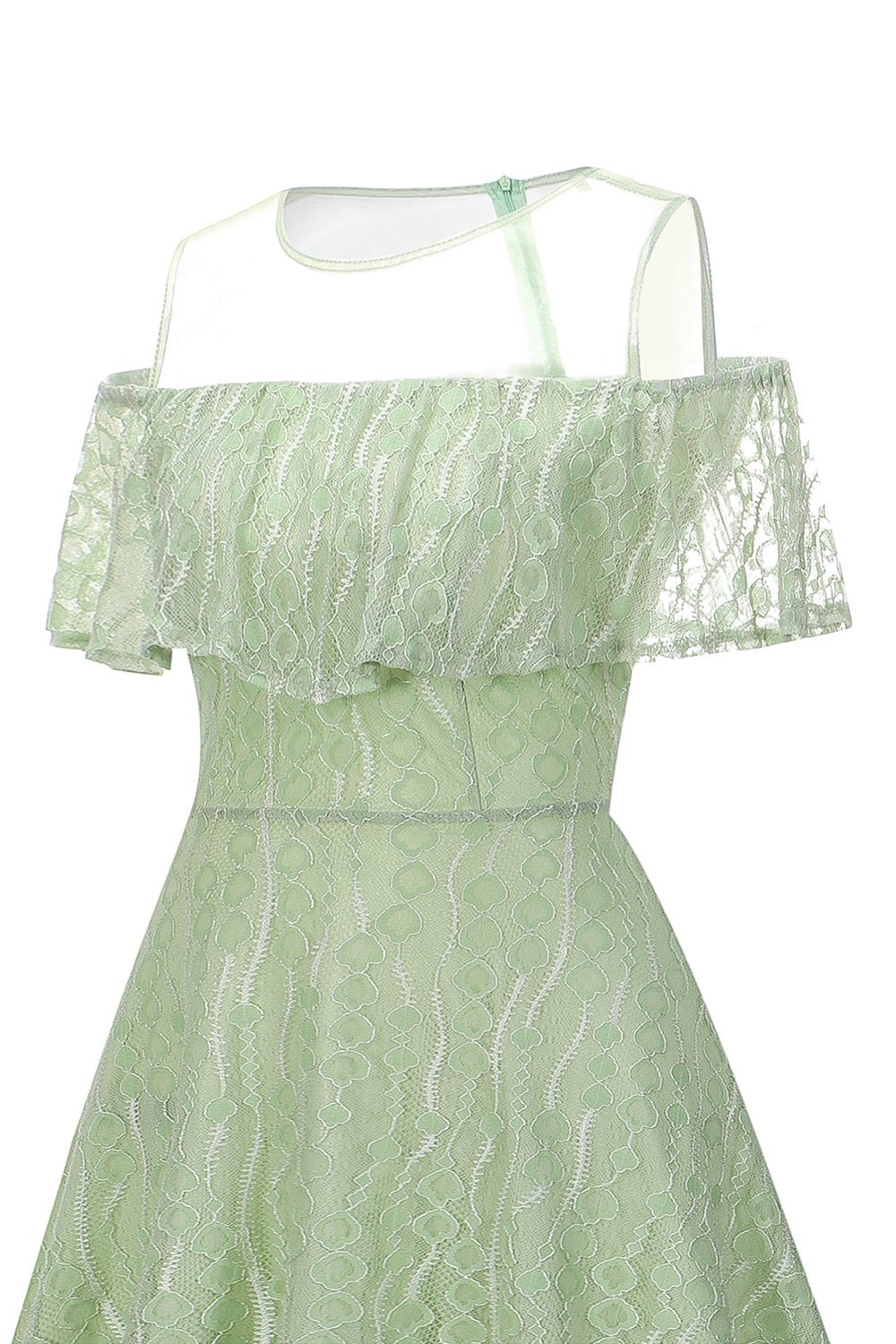 Vintage Green A-Line Lace Dress | Ruffle Shoulder Trim