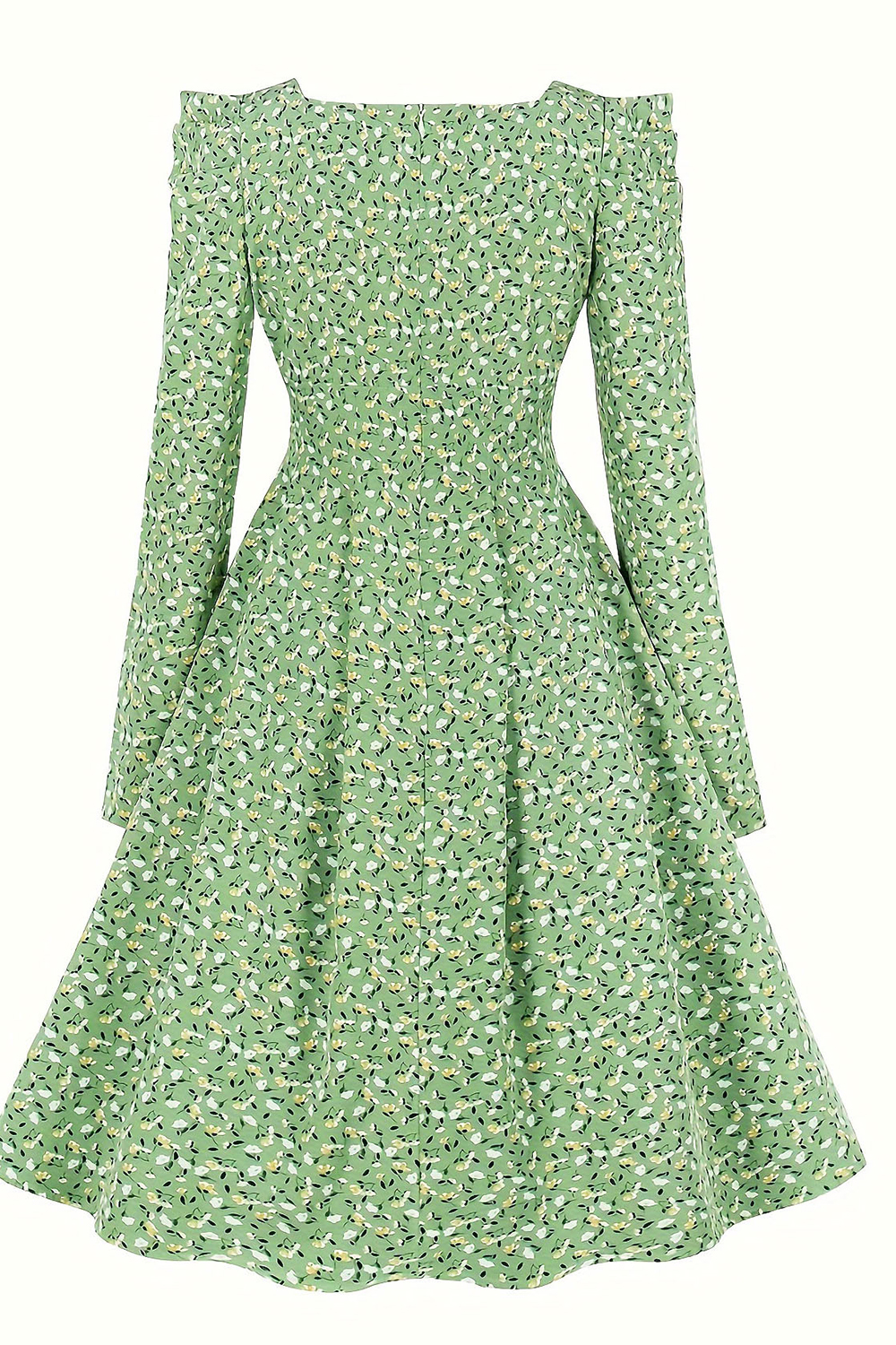 Vintage Green Floral Long Sleeve Midi Dress | Square Neckline