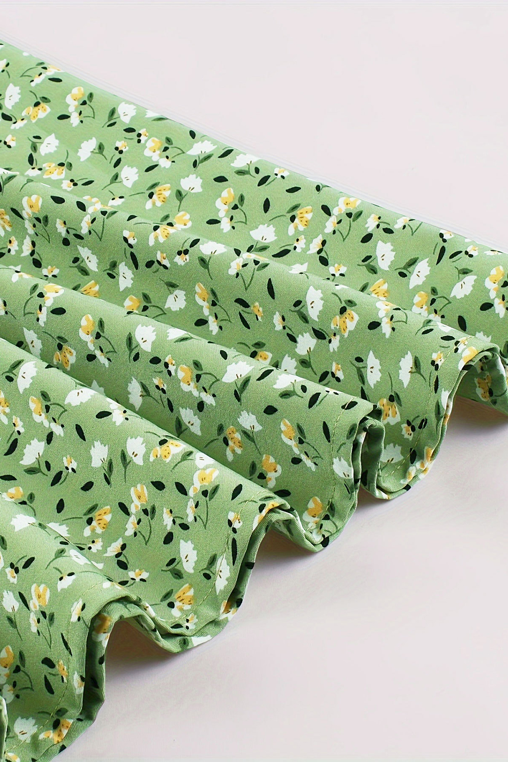 Vintage Green Floral Long Sleeve Midi Dress | Square Neckline