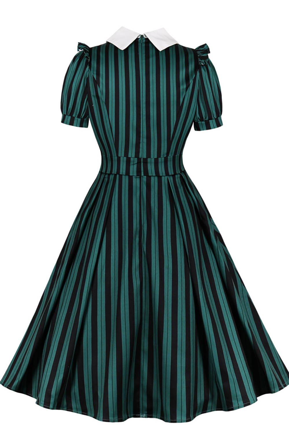 Vintage Dark Green 1950s A-Line Swing Dress | Black Vertical Stripe