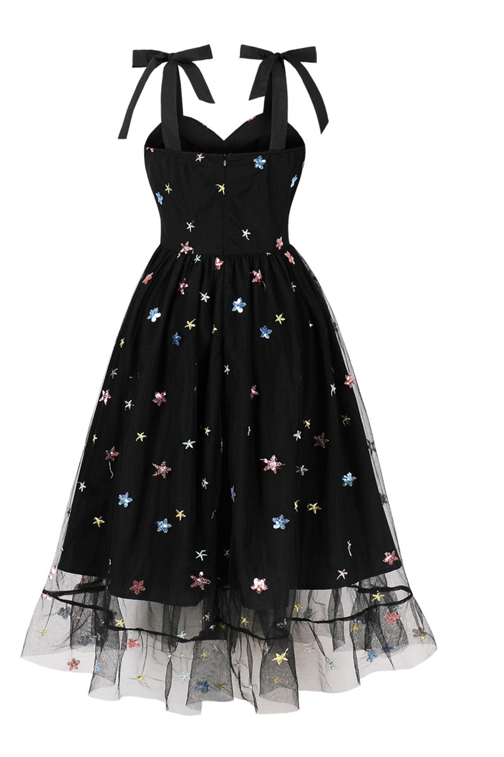 Vintage Flirty Cute Black Spaghetti Strap A-Line Midi Dress