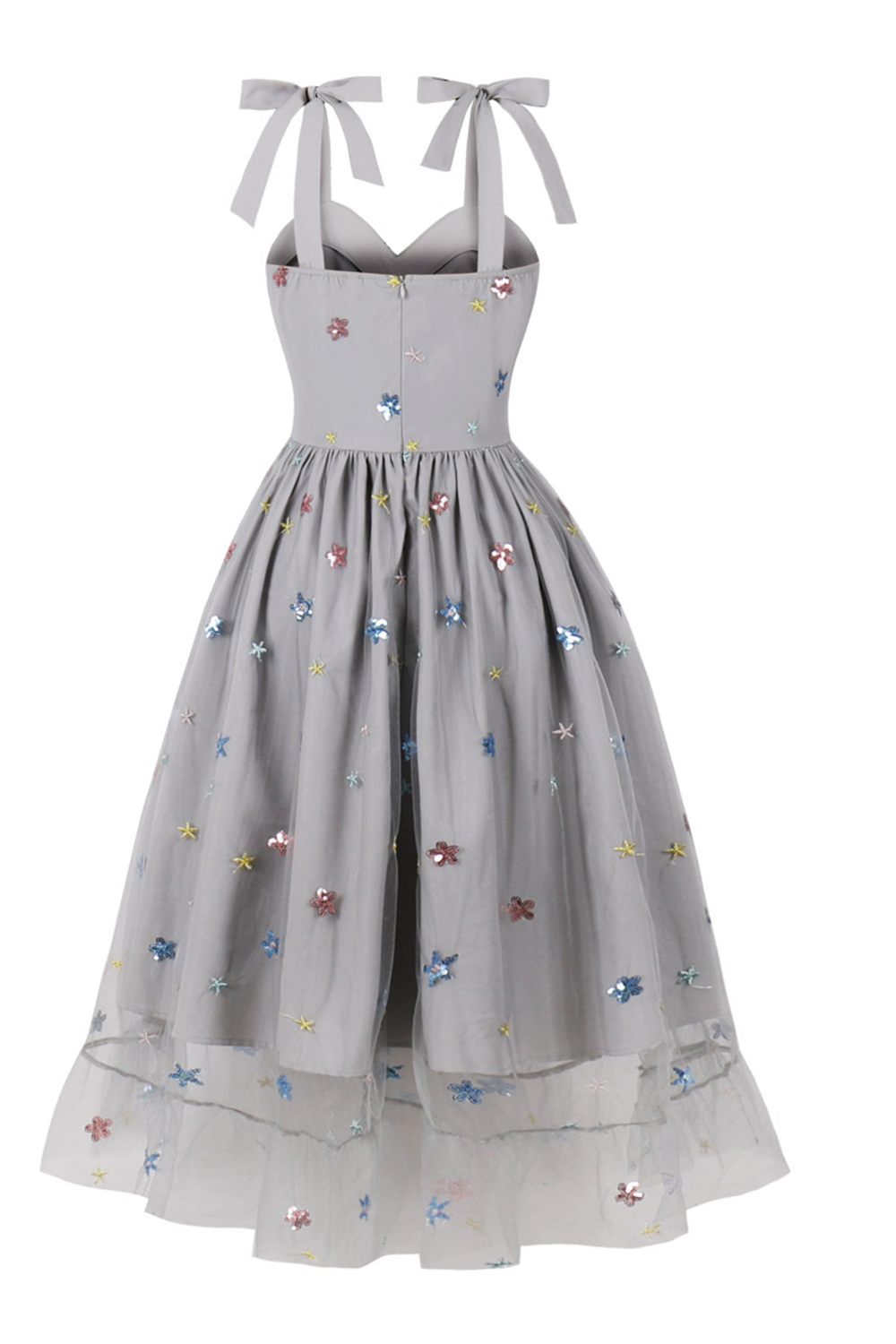 Vintage Flirty Cute Grey Spaghetti Strap A-Line Midi Dress