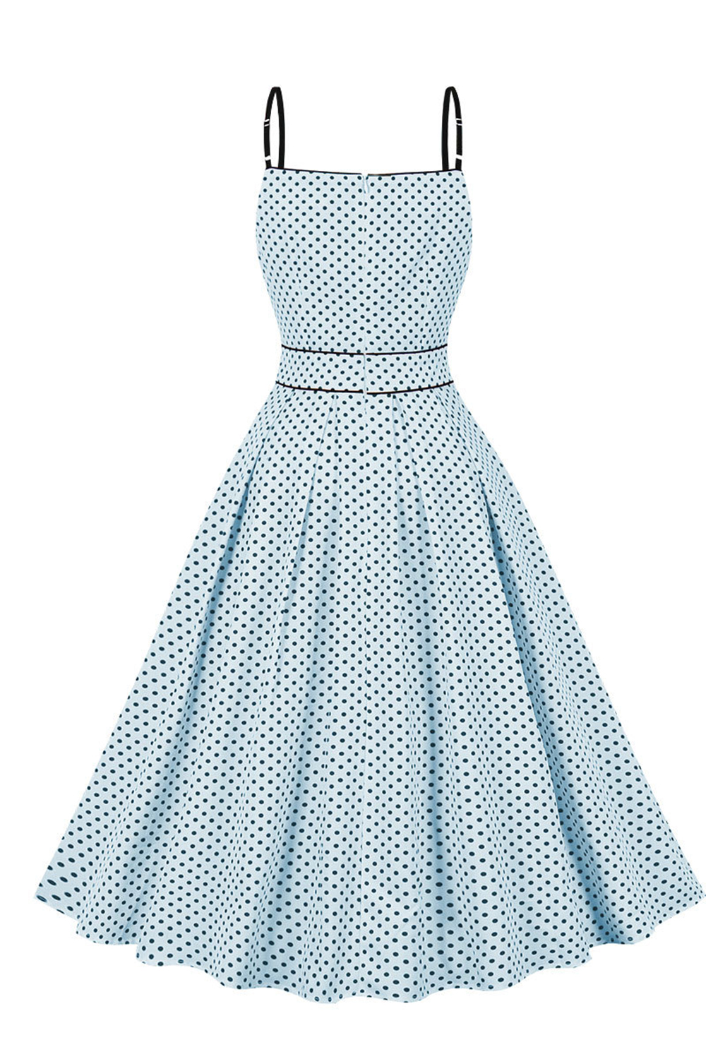 Vintage Light Blue 1950s A-Line Spaghetti Strap Swing Dress | Black Polka Dot