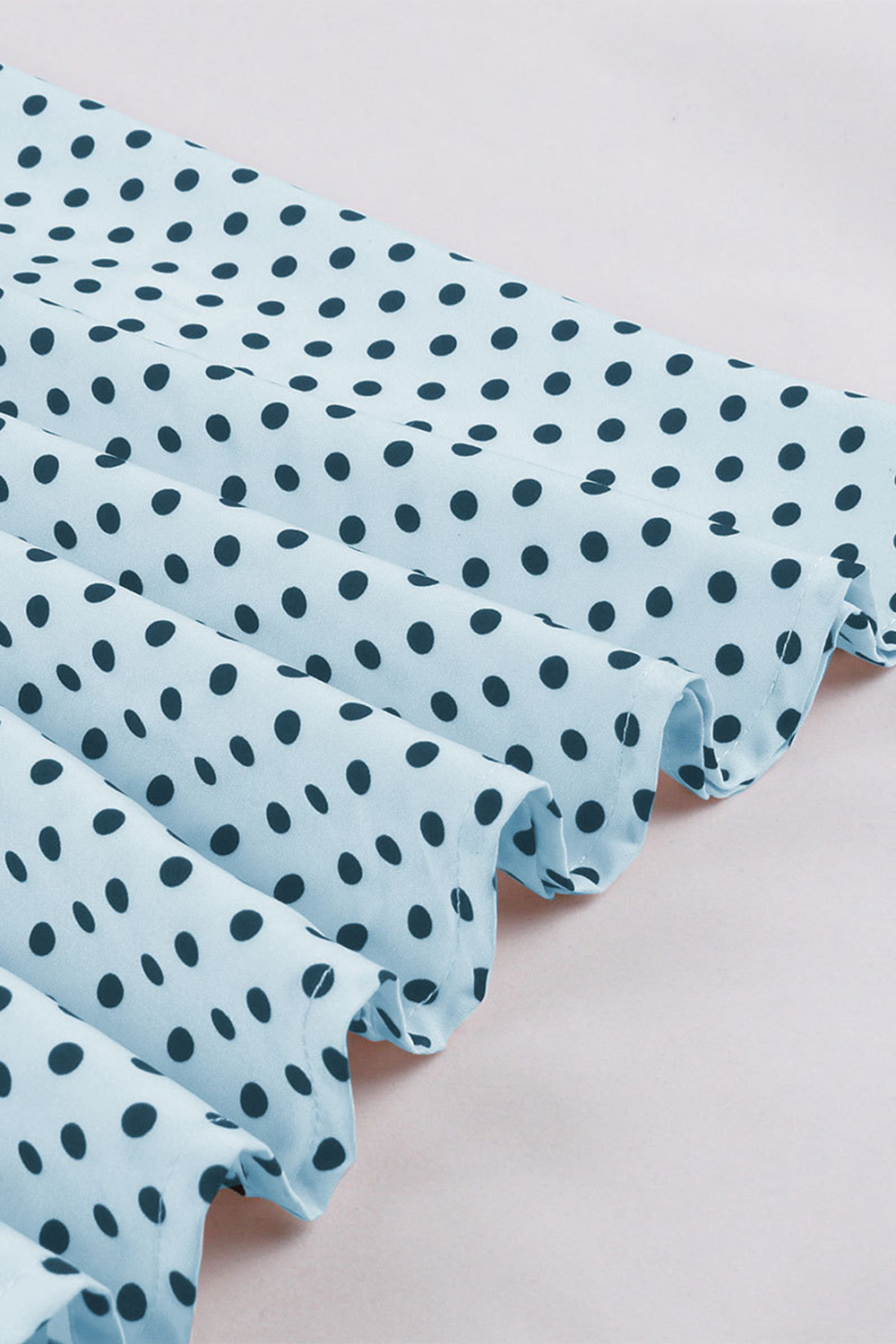 Vintage Light Blue 1950s A-Line Spaghetti Strap Swing Dress | Black Polka Dot