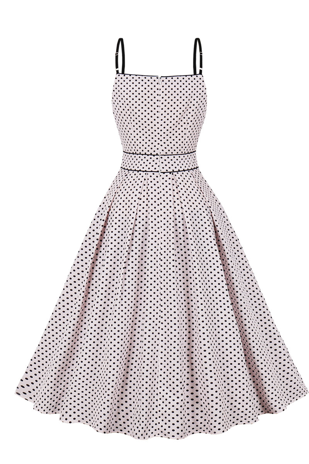Vintage Light Pink 1950s A-Line Spaghetti Strap Swing Dress | Black Polka Dot
