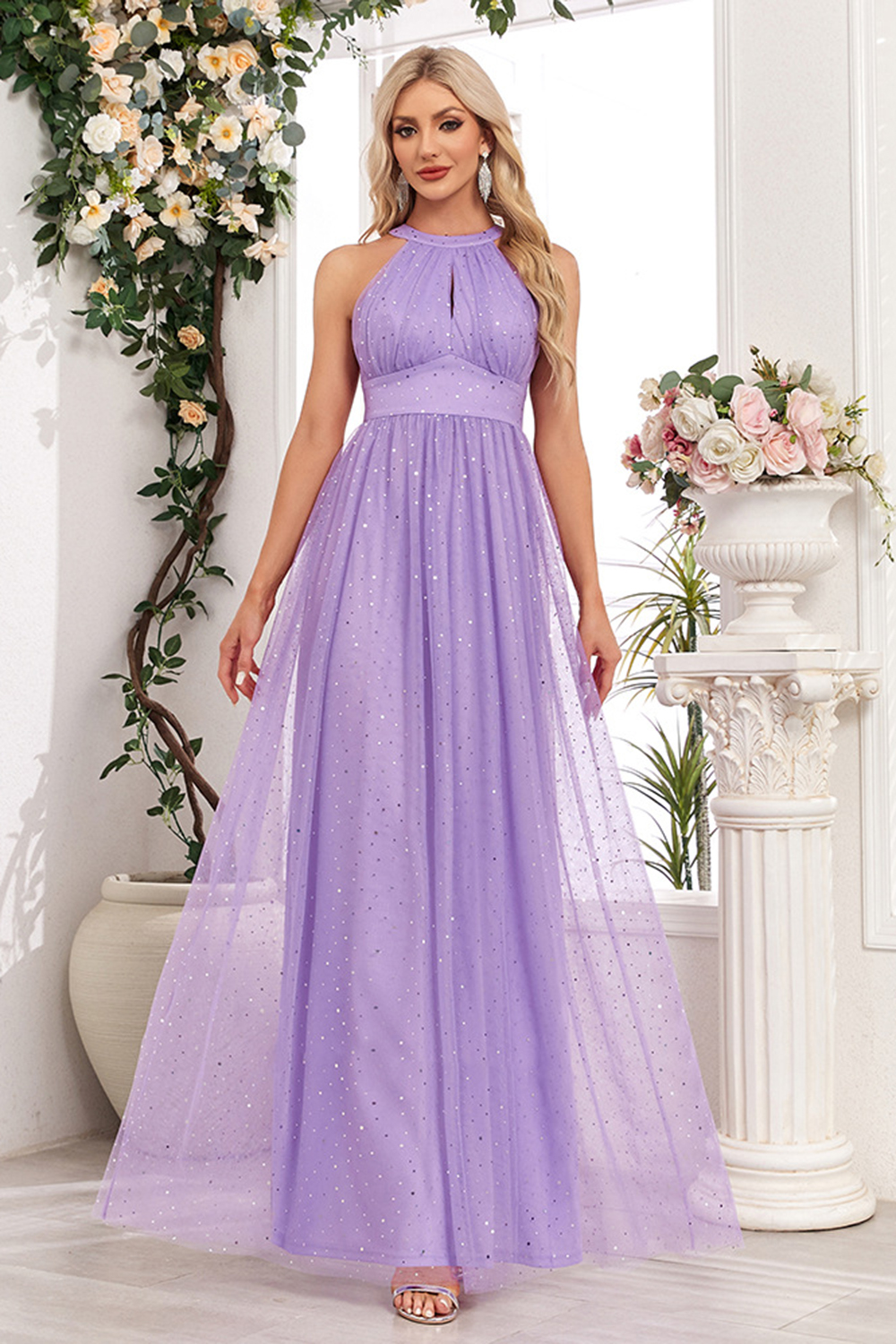 Elegant Purple Halter Neck Evening Dress