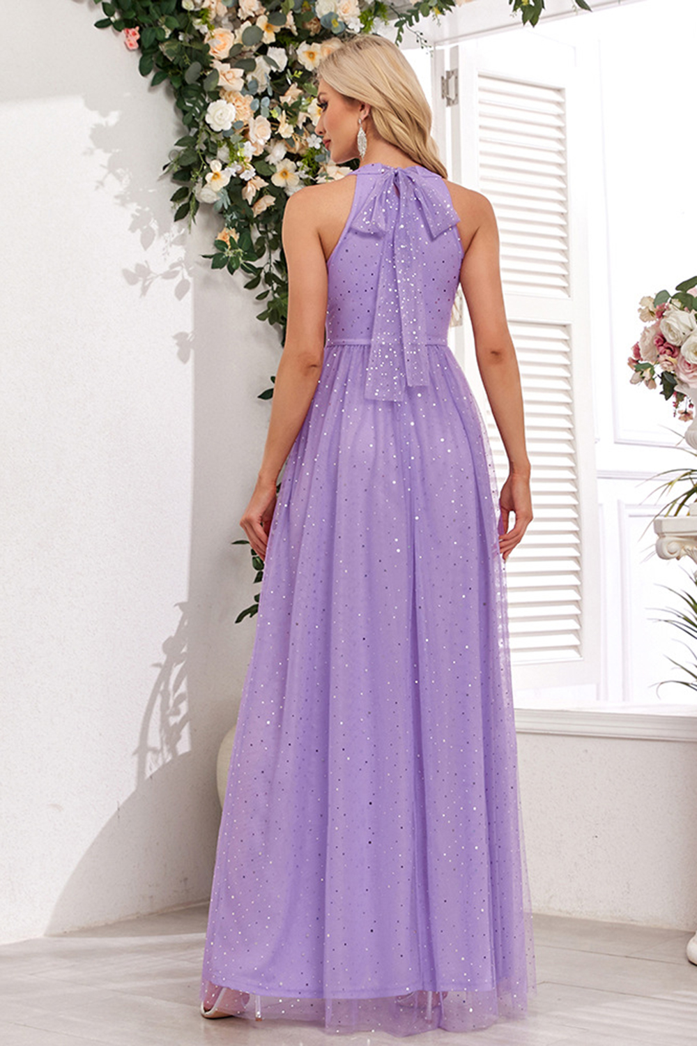 Elegant Purple Halter Neck Evening Dress