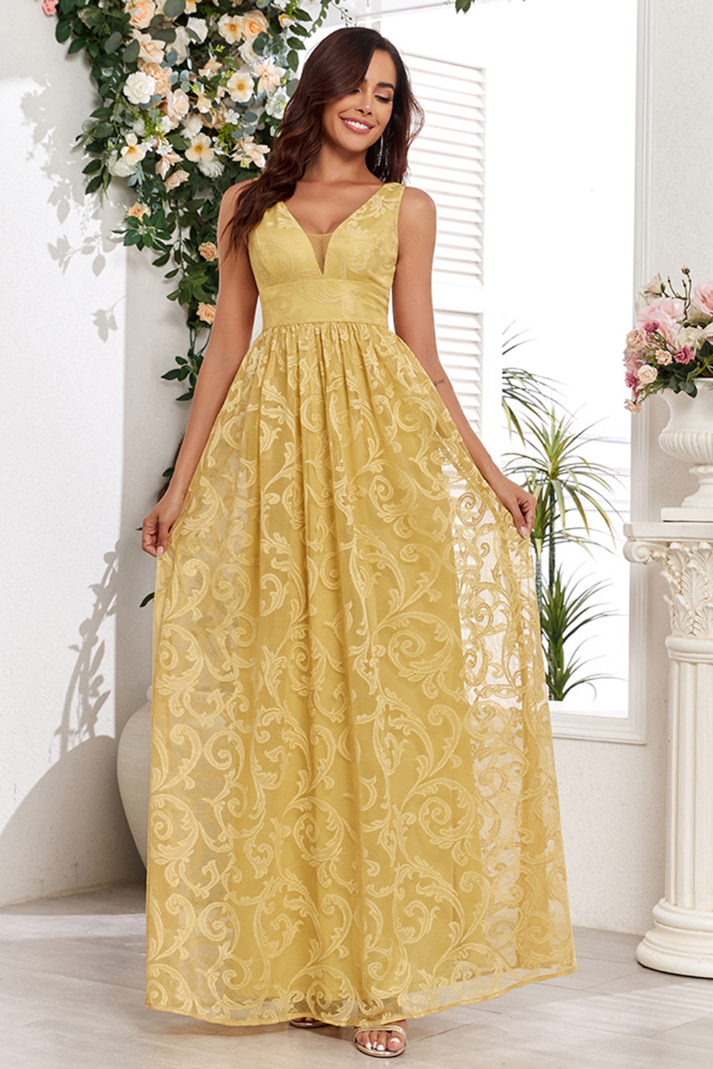 Radiant Yellow High-Waist V-Neck, V-Back Evening & Prom Dress