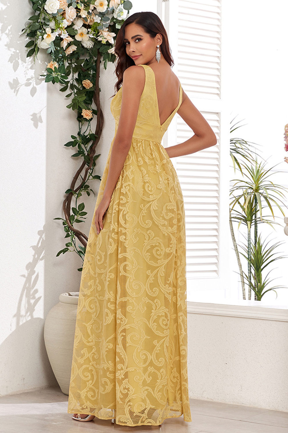 Radiant Yellow High-Waist V-Neck, V-Back Evening & Prom Dress