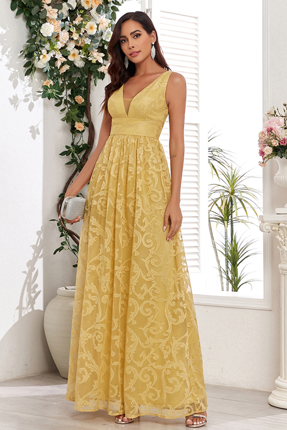 Radiant Yellow High-Waist V-Neck, V-Back Evening & Prom Dress